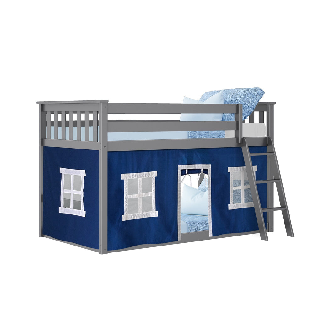 180214121022 : Bunk Beds Twin-Size Low Bunk Bed With Curtain, Grey + Blue