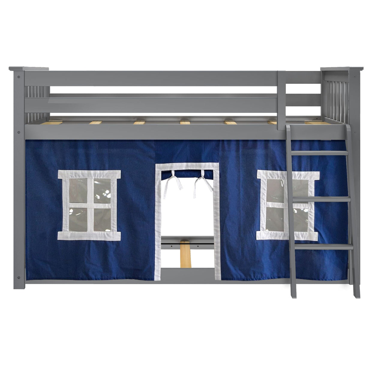 180214121022 : Bunk Beds Twin-Size Low Bunk Bed With Curtain, Grey + Blue