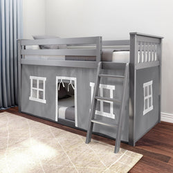 180214121054 : Bunk Beds Twin-Size Low Bunk Bed With Curtain, Grey + Grey Curtain