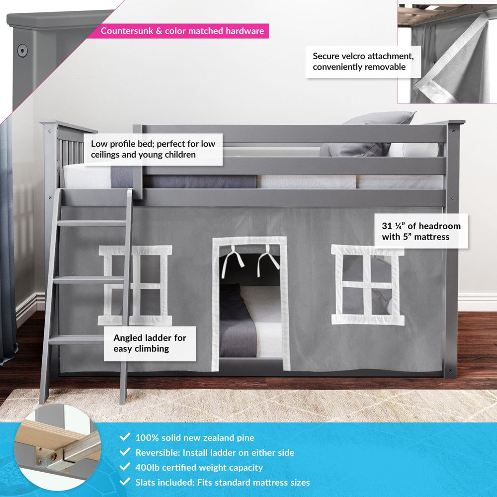 180214121054 : Bunk Beds Twin-Size Low Bunk Bed With Curtain, Grey + Grey Curtain