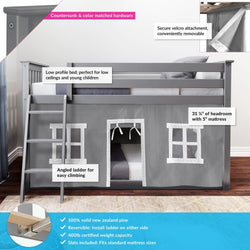 180214121054 : Bunk Beds Twin-Size Low Bunk Bed With Curtain, Grey + Grey Curtain