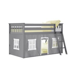 180214121054 : Bunk Beds Twin-Size Low Bunk Bed With Curtain, Grey + Grey Curtain