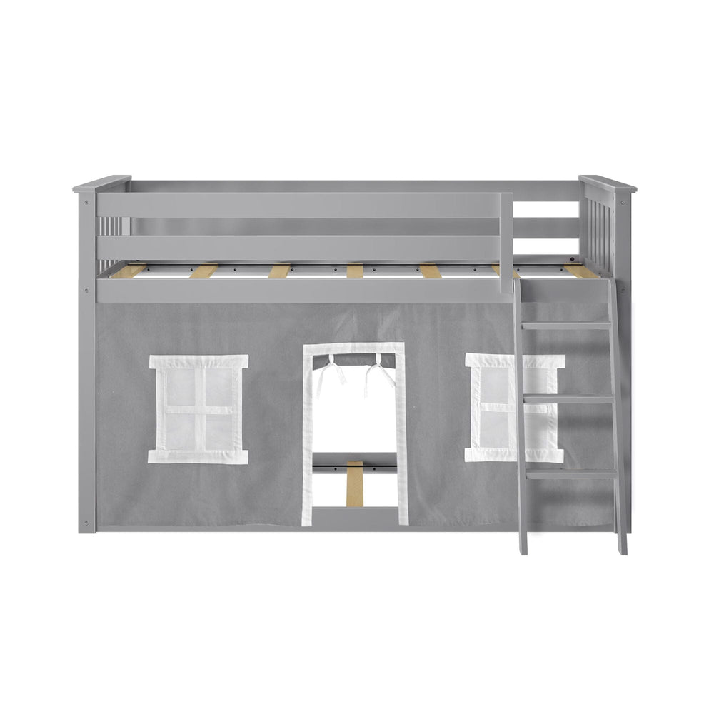 180214121054 : Bunk Beds Twin-Size Low Bunk Bed With Curtain, Grey + Grey Curtain