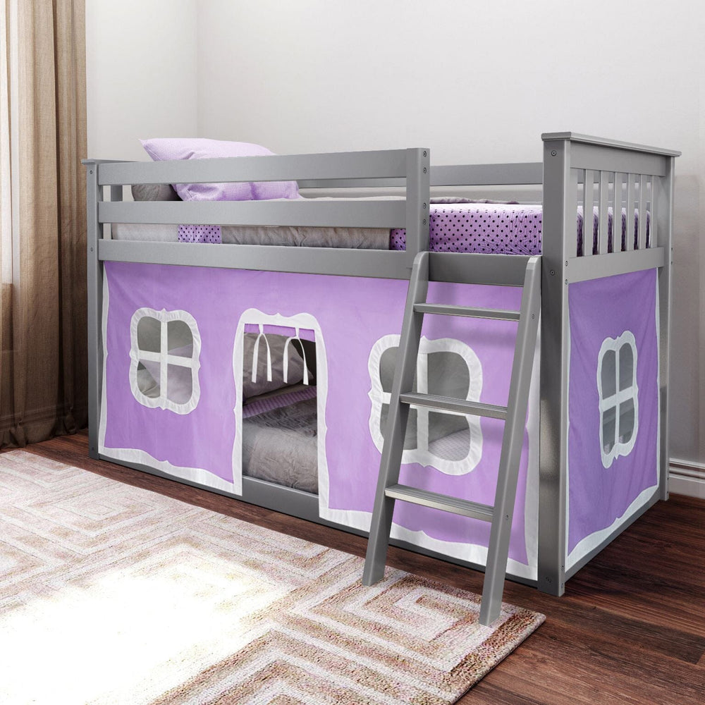 180214121061 : Bunk Beds Twin-Size Low Bunk Bed With Curtain, Grey + Purple Curtain