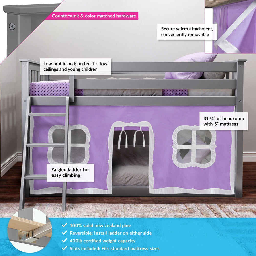 180214121061 : Bunk Beds Twin-Size Low Bunk Bed With Curtain, Grey + Purple Curtain