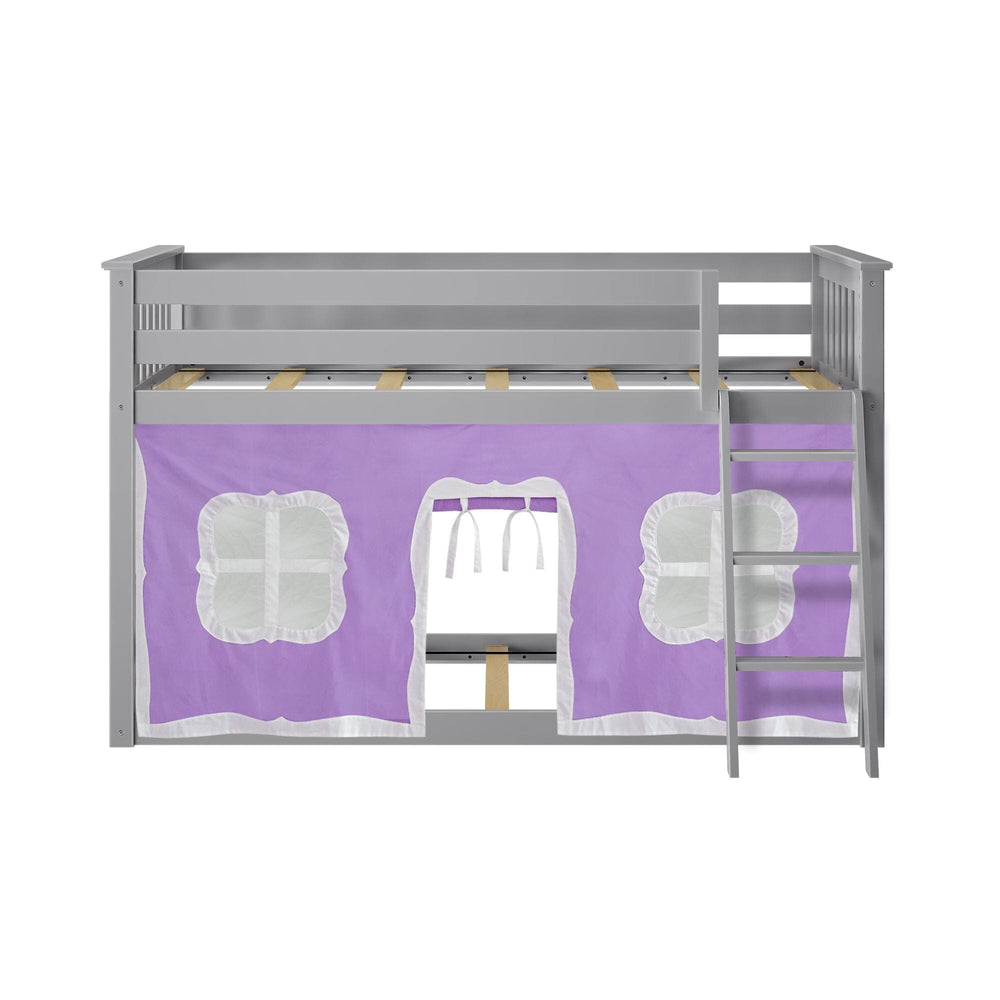 180214121061 : Bunk Beds Twin-Size Low Bunk Bed With Curtain, Grey + Purple Curtain