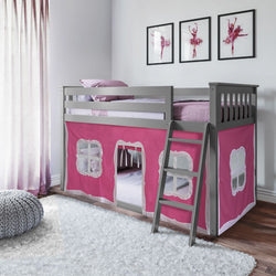 180214121078 : Bunk Beds Twin-Size Low Bunk Bed With Curtain, Grey + Pink