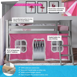 180214121078 : Bunk Beds Twin-Size Low Bunk Bed With Curtain, Grey + Pink