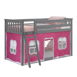 180214121078 : Bunk Beds Twin-Size Low Bunk Bed With Curtain, Grey + Pink