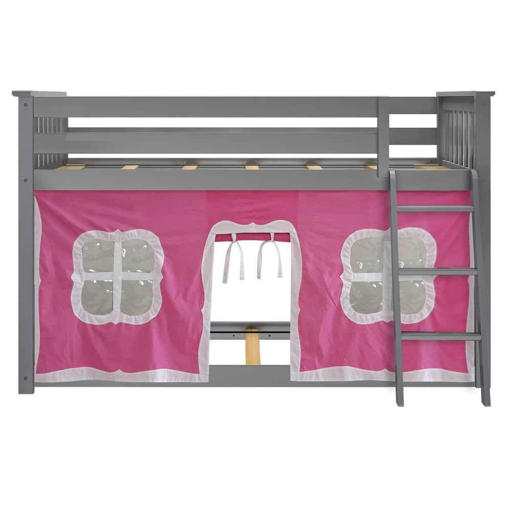 180214121078 : Bunk Beds Twin-Size Low Bunk Bed With Curtain, Grey + Pink