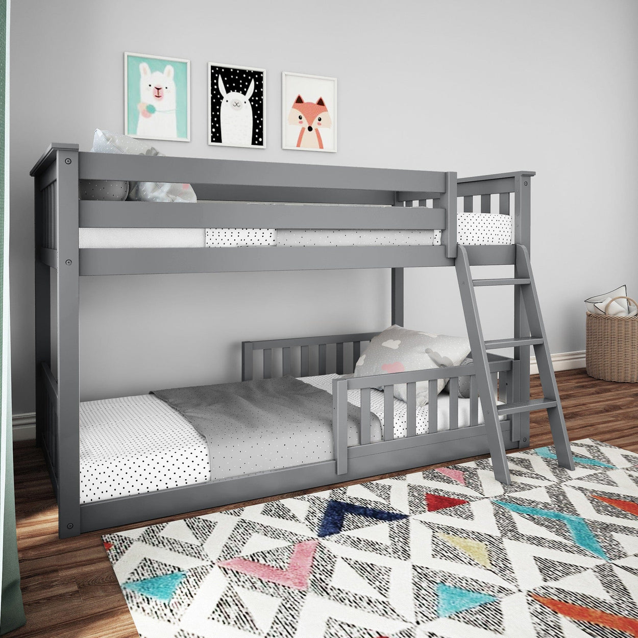 180214121209 : Bunk Beds Twin over Twin Low Bunk with Two Guard Rails, Grey