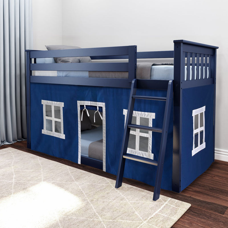 Navy blue wooden kids loft bed with ladder and playhouse-style fabric curtain and twin mattress