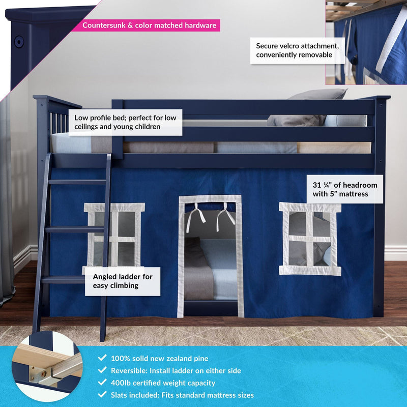 Navy blue low-profile kids loft bed with angled ladder and playhouse curtain, solid New Zealand pine frame, reversible ladder, 400 lb capacity, fits standard mattresses