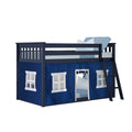 Navy blue children's loft bed with twin mattress, ladder and blue playhouse tent cover featuring window panels