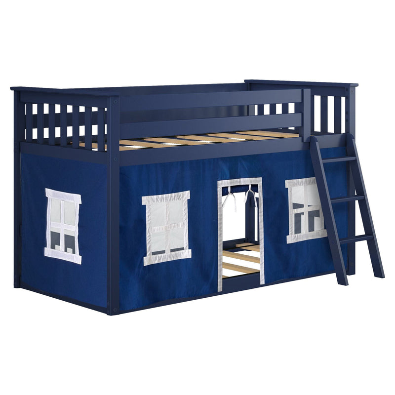 Navy blue wooden twin loft bed for kids with ladder and playhouse-style fabric tent featuring windows and a play entrance for under-bed play area