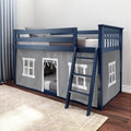 Navy blue wooden loft bed with ladder and gray playhouse-style curtain featuring windows and doorway in a modern kids' bedroom
