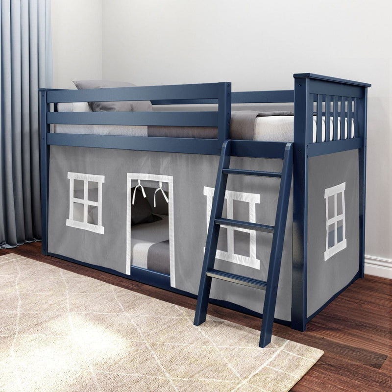 Navy blue wooden loft bed with ladder and gray playhouse-style curtain featuring windows and doorway in a modern kids' bedroom