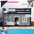 Navy blue low-profile kids loft bed with angled ladder and gray play-tent curtain, solid New Zealand pine frame, reversible ladder, fits standard mattresses