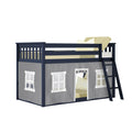 Navy blue twin loft bed with side ladder and gray playhouse curtain skirt, twin mattress and pillows — kids loft bed for small bedrooms