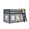 Navy blue wooden loft bed with ladder and gray playhouse tent panels, twin kids loft bed with cream pillows for small bedrooms
