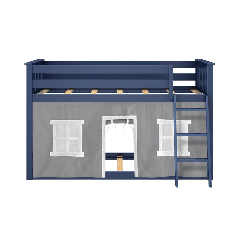 Children's navy blue wooden twin loft bed with ladder and gray play-tent curtains featuring white window accents