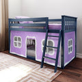 Navy wooden kids loft bed with ladder and purple playhouse tent panels, polka-dot bedding and pillows in children's room