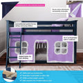 Low-profile navy kids loft bed in solid New Zealand pine with purple play-tent curtains, angled ladder, reversible setup, under-bed play space, 400 lb capacity.