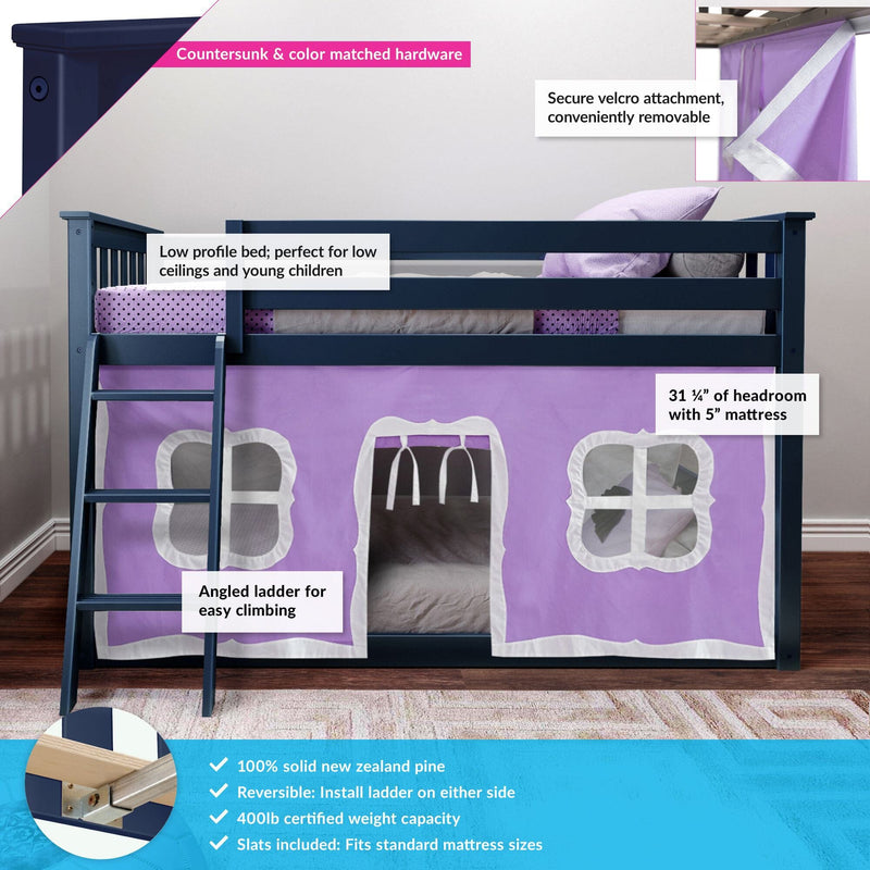 Low-profile navy kids loft bed in solid New Zealand pine with purple play-tent curtains, angled ladder, reversible setup, under-bed play space, 400 lb capacity.