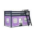 Children's navy blue twin loft bed with ladder, mattress and purple play-tent curtains