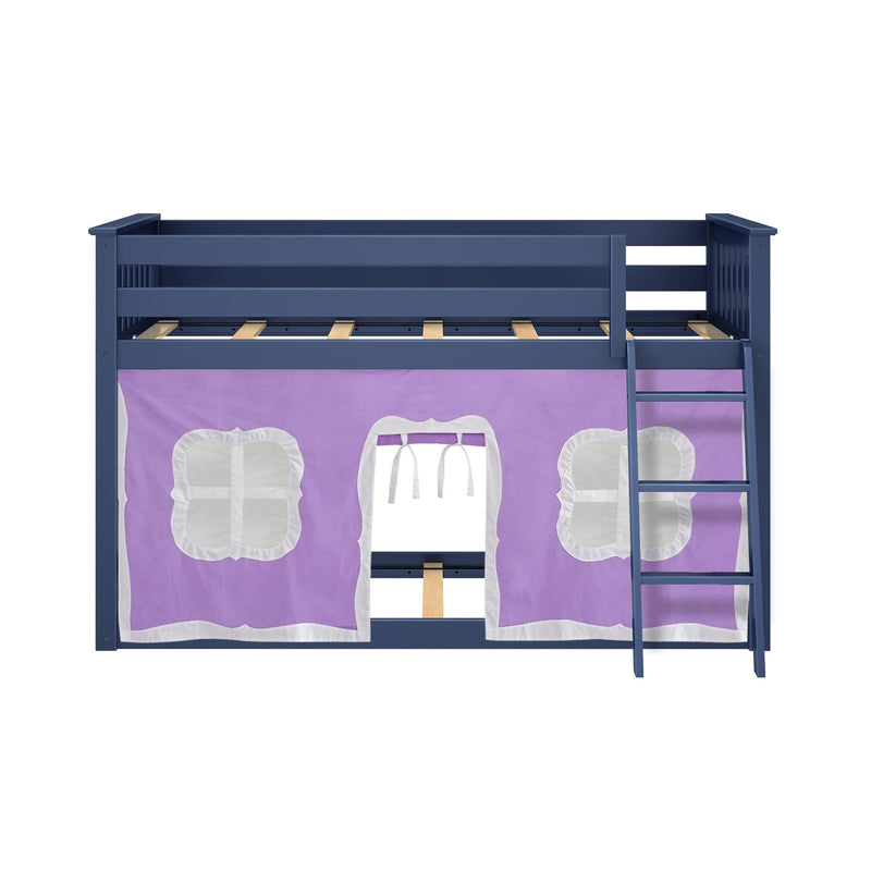 Navy blue wooden children's loft bed with ladder and purple playhouse-style underbed curtain featuring window cutouts
