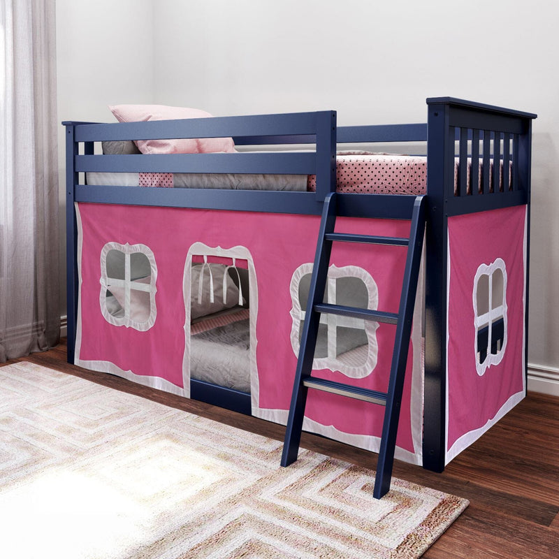 Navy blue wooden loft bed with ladder, pink playhouse curtain panels and twin pink bedding in children's bedroom
