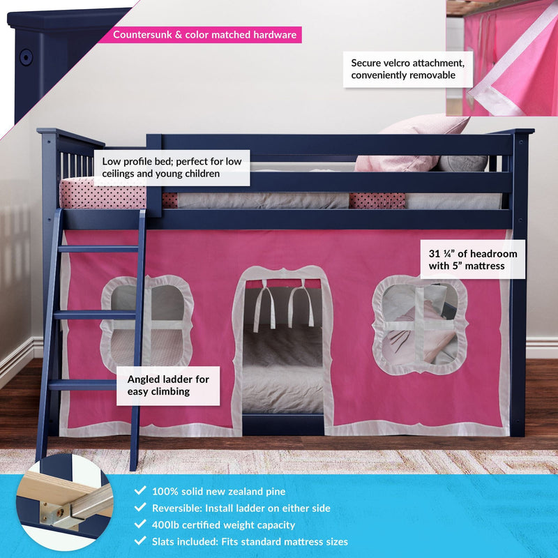 Low-profile navy blue kids loft bed with pink play-tent skirt and angled ladder, 100% solid New Zealand pine, reversible ladder, 400 lb capacity, fits standard mattresses