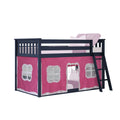 Navy wooden kids loft bed with ladder and pink playhouse tent curtains, raised children's bed with mattress and pillows