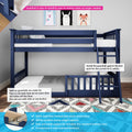 Navy blue solid New Zealand pine twin-over-twin bunk bed with ladder and removable safety guardrails in a children's bedroom, polka-dot bedding, fits standard mattresses and 400 lb resting weight capacity