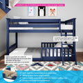 Navy blue twin-over-twin bunk bed with ladder and removable safety guardrail, solid pine construction for kids' bedroom.