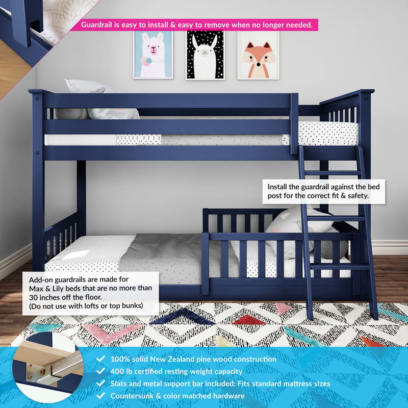 Navy blue twin-over-twin bunk bed with ladder and removable safety guardrail, solid pine construction for kids' bedroom.