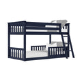 Navy blue solid wood twin-over-full bunk bed with ladder and slatted rails, gray and white bedding, space-saving kids bedroom furniture