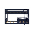 Navy blue wooden twin-over-twin bunk bed with ladder, slatted mattress supports and safety rails — space-saving children's bedroom furniture