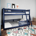 Navy blue wooden twin-over-full bunk bed with ladder in children's bedroom, polka-dot bedding, colorful geometric rug and animal wall art