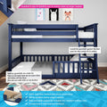 Navy blue twin-over-full kids bunk bed with ladder and safety guardrail, 100% solid New Zealand pine construction, slatted frame and polka-dot bedding