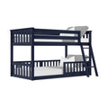 Navy blue solid wood twin-over-full bunk bed with ladder and slatted guardrails, white bedding and gray pillows
