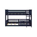 Navy blue wooden twin-over-full bunk bed with ladder, slatted guardrails and wood-slat support — space-saving kids bedroom furniture