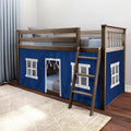 Wooden loft bed with ladder and blue playhouse tent cover, kids bunk bed with fabric windows and lower play area in modern bedroom