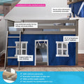 Gray wooden kids loft bed with angled ladder and blue playhouse curtain with windows, low-profile twin loft design with countersunk hardware and velcro attachments