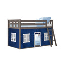 Grey wooden twin loft bed for kids with ladder, blue playhouse-style tent curtain with window panels and light blue bedding, under-bed play area