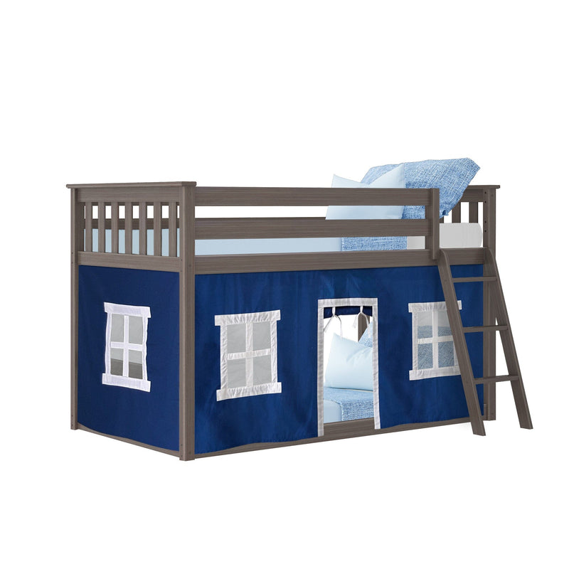 Grey wooden twin loft bed for kids with ladder, blue playhouse-style tent curtain with window panels and light blue bedding, under-bed play area