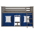 Gray wooden loft bed with navy blue playhouse curtains, built-in ladder and safety rails, white window accents