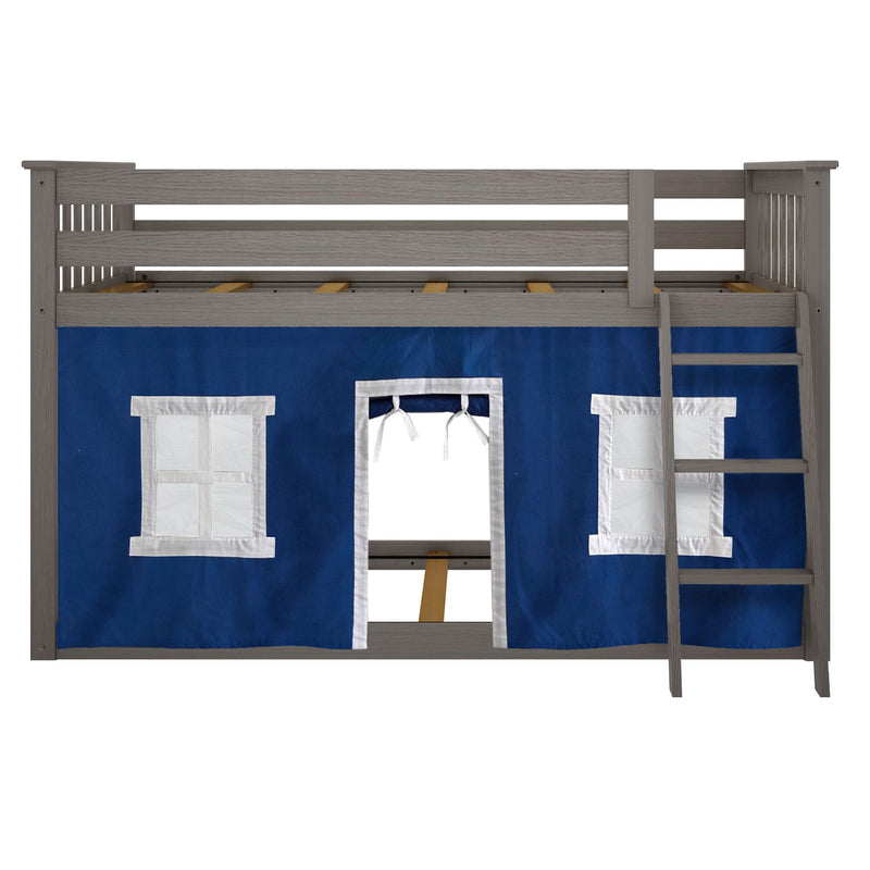 Gray wooden loft bed with navy blue playhouse curtains, built-in ladder and safety rails, white window accents