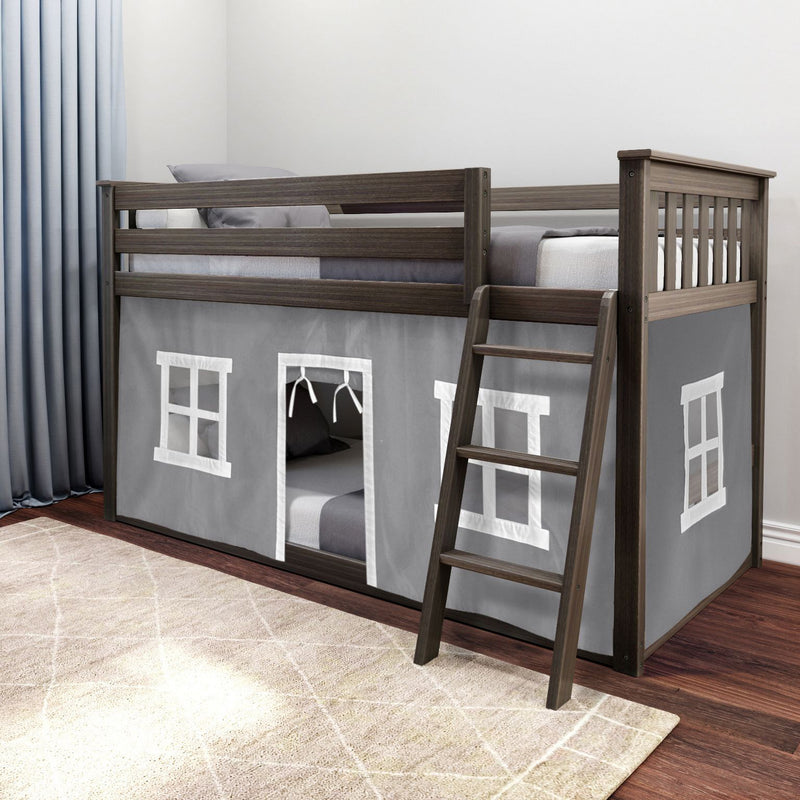 Dark wood loft-style kids bed with ladder and grey playhouse tent curtains featuring window cutouts in modern bedroom