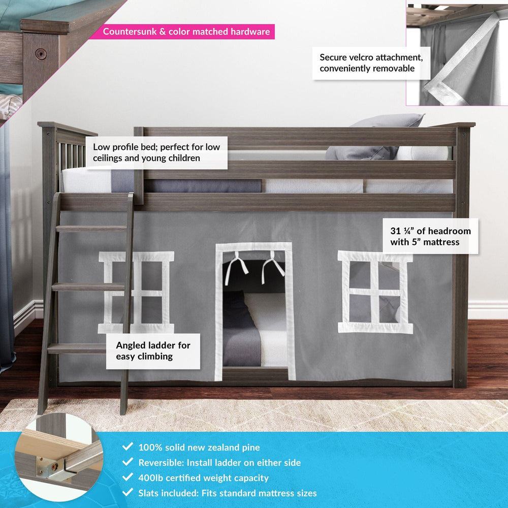 180214151054 : Bunk Beds Twin-Size Low Bunk Bed With Curtain, Clay + Grey Curtain